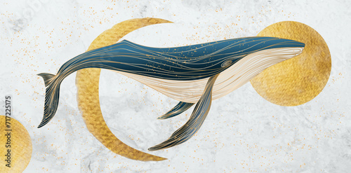 Light luxury art background with a whale on a background of a golden moon or sun. Animalistic banner for decoration, print, poster, wallpaper, interior design, textiles.