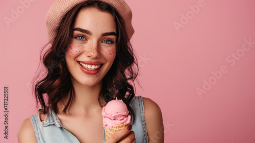 Portrait of a Young Woman holding a gelato on Pink Studio Background.