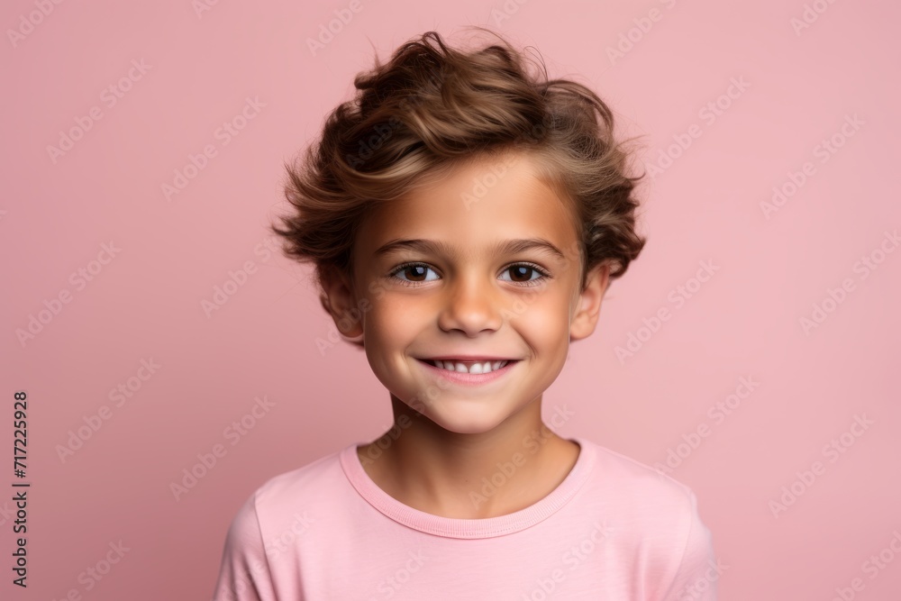 Portrait of a smiling little girl in pink t-shirt on a pink background