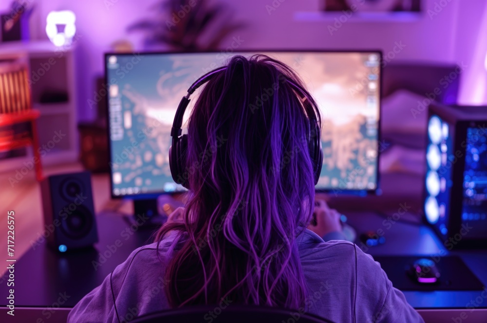 young gamer girl plays on her gaming PC setup young gamer girl plays on her gaming PC setup
