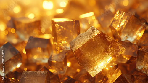 Golden crystals and glass cubes wallpaper with abstract 3D light shine. Luxurious gold crystals background.