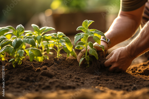 Man planting basil in the garden