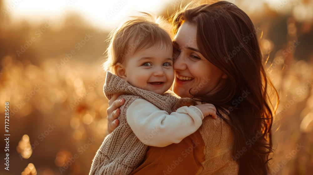 Obraz premium portrait of mother and child, family, mother's day, mommy, baby, love, tenderness, toddler, beautiful smiling woman, kid, children, childhood, hugs, parent, motherhood, female, people