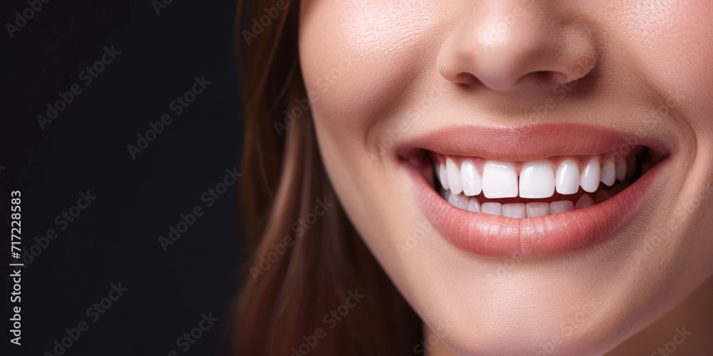 Banner with close-up of a beautiful smiling woman with white perfect teeth isolated on dark black. Banner with close-up of a beautiful smiling woman with white perfect teeth isolated on dark black.