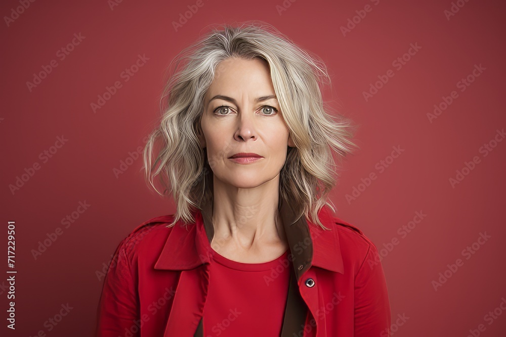 Portrait of a beautiful middle-aged woman in a red jacket on a red background