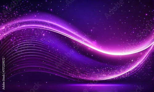 Abstract dark purple background with glowing particles, waves, and stars. Galaxy, futuristic world. Designed for banners, wallpaper, template, background, postcard