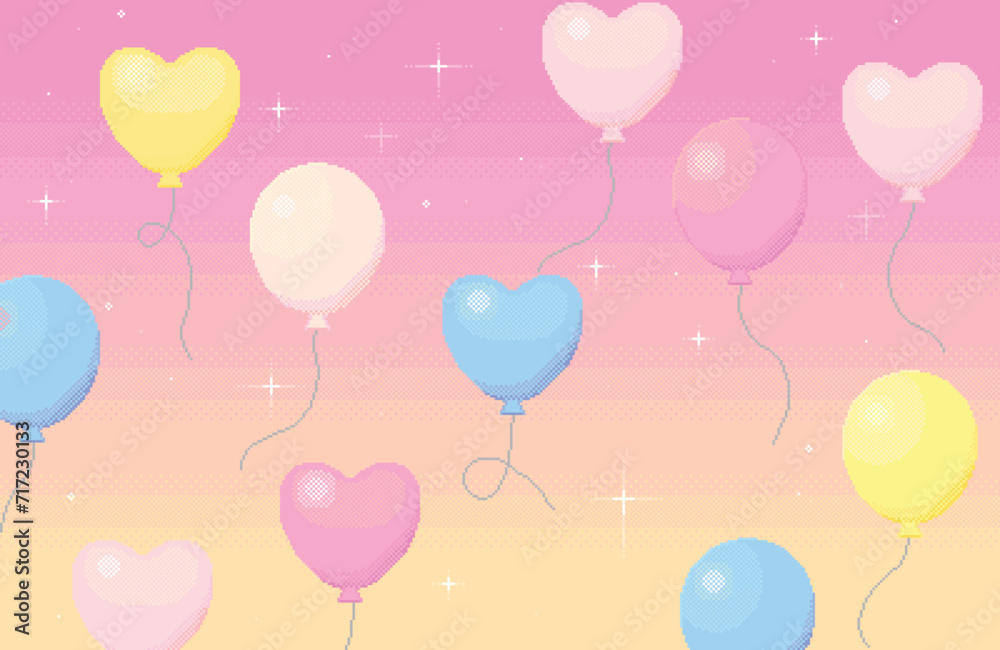 Pixel art、ドット絵のふわふわ風船が浮かぶお祝いムードなバレンタイン背景素材(pinky sky)