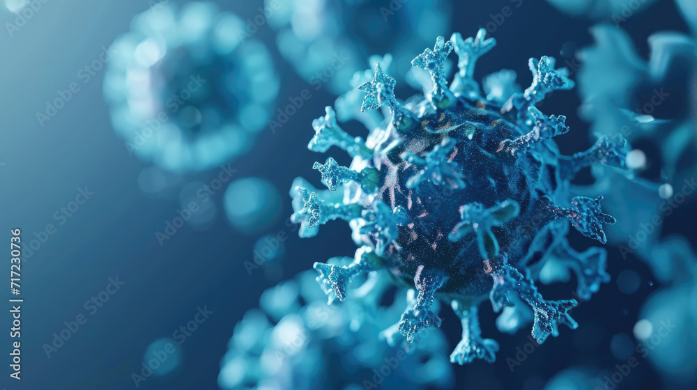 Close-up of a Virus cell in blue, captured in macro detail, and isolated on a clean background. Close-up of a Virus cell in blue, captured in macro detail, and isolated on a clean background.