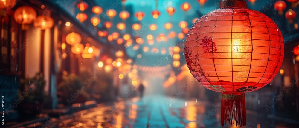 Fototapeta premium red lanterns chinese new year decoration celebratiion in town on road. traditional asian festival,generative ai