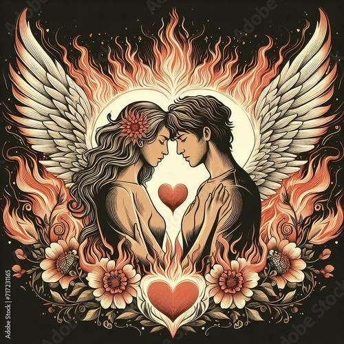 Twin flame couple. Soulmates. The concept of magical, esoteric, tantric, spiritual love. Connection between souls. Illustration for websites and much more. Created using generative ai tools. photo