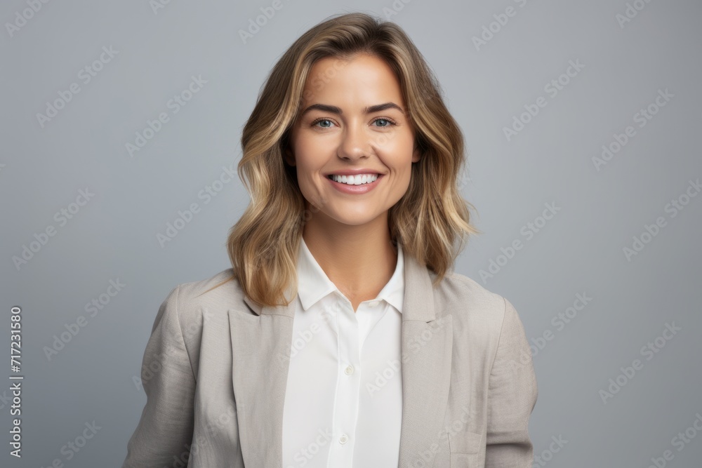 Portrait of happy smiling young business woman, over grey background. Portrait of happy smiling young business woman, over grey background.