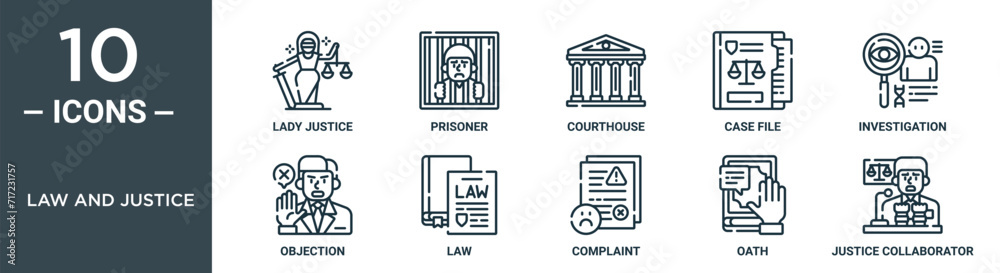 law and justice outline icon set includes thin line lady justice ...