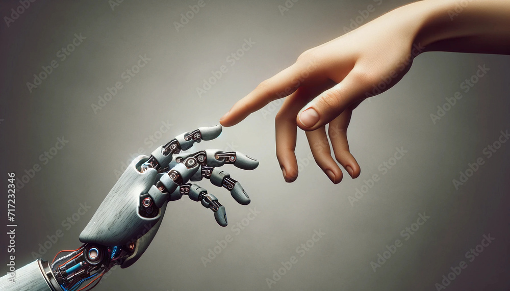 © ChristacilinCreative - Interaction between a robotic hand and a human hand touching fingers wallpaper background © ChristacilinCreative - Interaction between a robotic hand and a human hand touching fingers wallpaper background