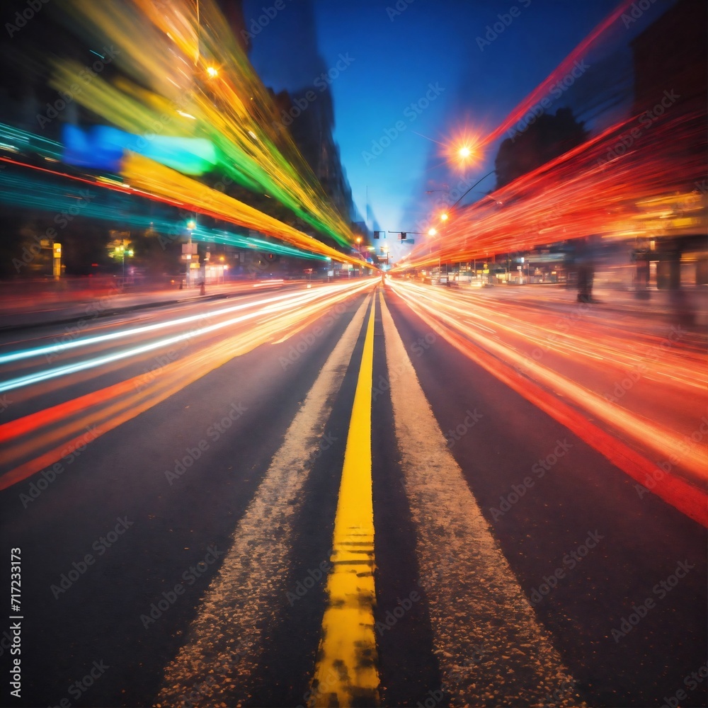 Blurred traffic light trails on road