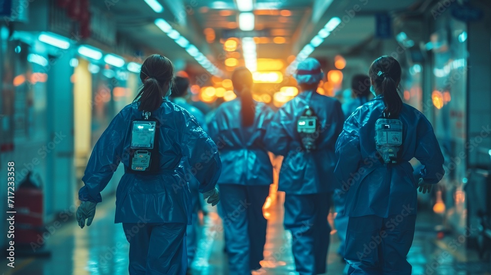 Team of Korean doctors rushing a patient in a gurney at the hospital - emergency medicine concepts, generative ai Team of Korean doctors rushing a patient in a gurney at the hospital - emergency medicine concepts, generative ai