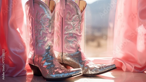Mother - of -pearl cowboy Cossacks . Pink cowboy boots.