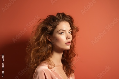 Beautiful young woman with long curly hair. Portrait of a girl on a red background.