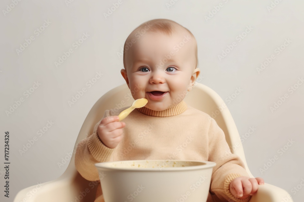 Smiling baby sitting in eating chair. Adorable toddler wearing beige sweater. Generate ai Smiling baby sitting in eating chair. Adorable toddler wearing beige sweater. Generate ai