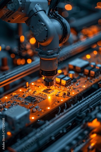Advanced High Precision Robot Arms on Fully Automated PCB Assembly Line Inside Modern Electronics Factory. Electronic Devices Production Industry.generative ai