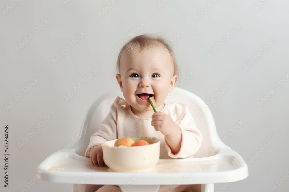 Smiling baby eating in highchair. Little charming toddler dressed in beige sweater. Generate ai Smiling baby eating in highchair. Little charming toddler dressed in beige sweater. Generate ai
