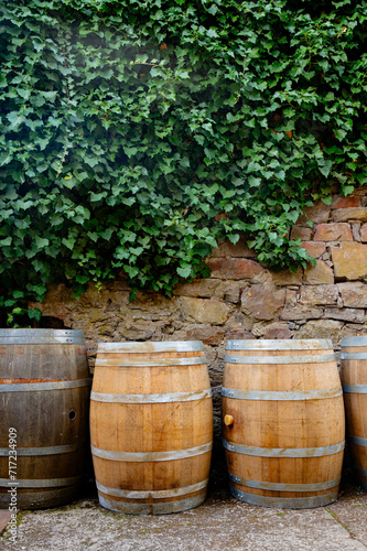 Whisky Barrel against a stone wall with Ivy