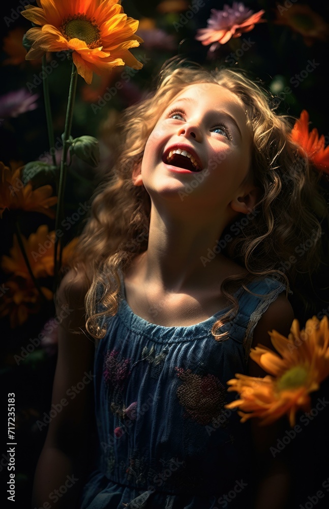 A joyful girl laughs amidst a vibrant flower garden. Generative AI. A joyful girl laughs amidst a vibrant flower garden. Generative AI.