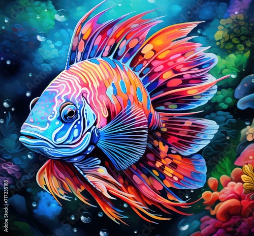 An artistic painting of a colorful fish. Generative AI.