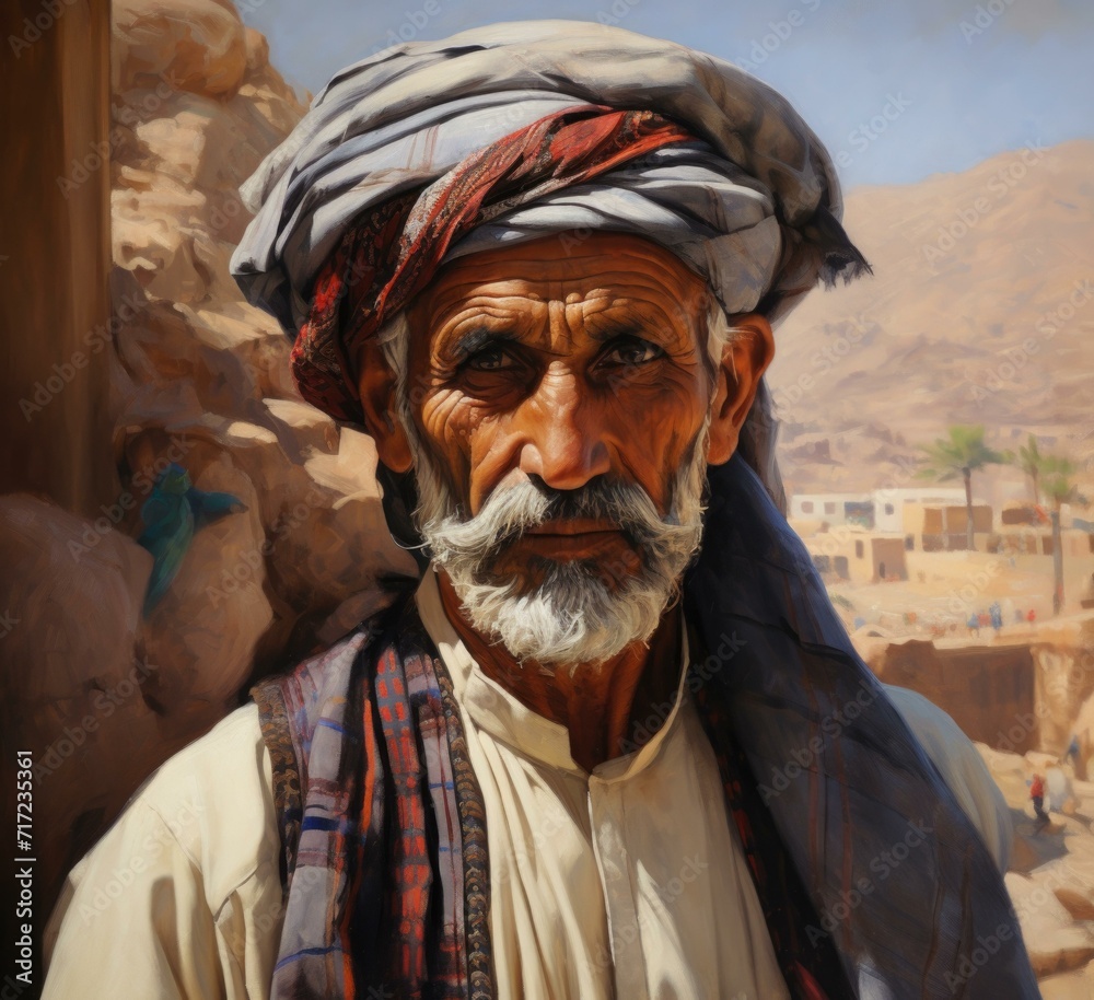 A determined and resilient Arabic man wearing a turban stands amidst a bustling marketplace, showcasing his rich cultural heritage. Generative AI.