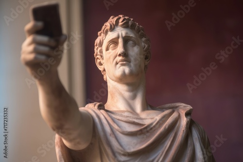Statue roman man taking selfie. Ancient sculpture modern historical interpretation. Generate Ai