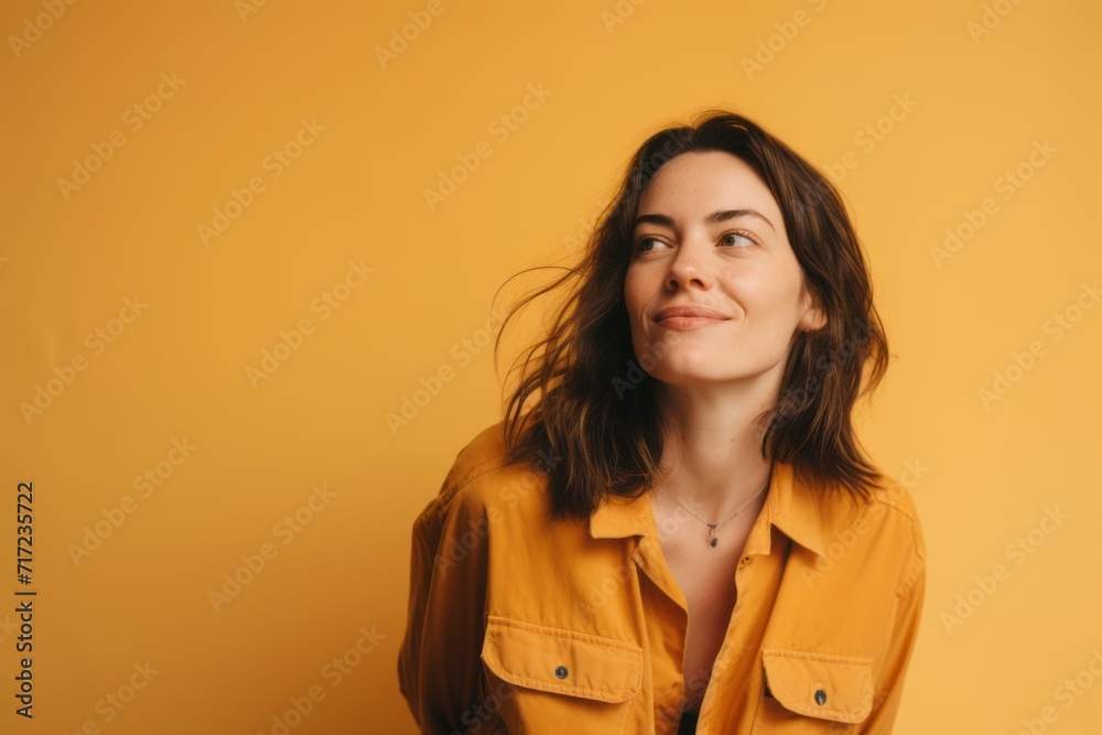 Portrait of a beautiful young woman in a yellow shirt on a yellow background Portrait of a beautiful young woman in a yellow shirt on a yellow background