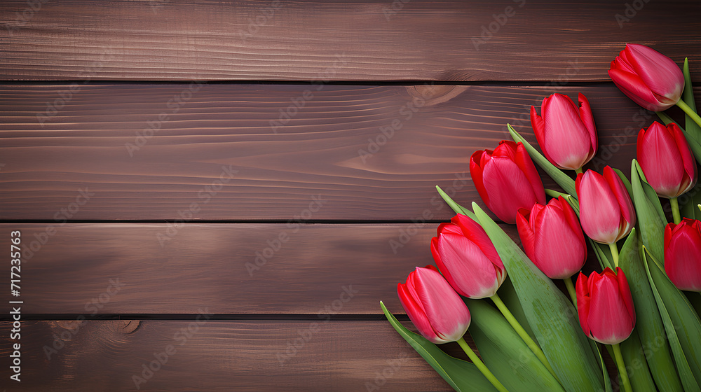 Red tulips on wooden background with copy space. Red tulips on wooden background with copy space.