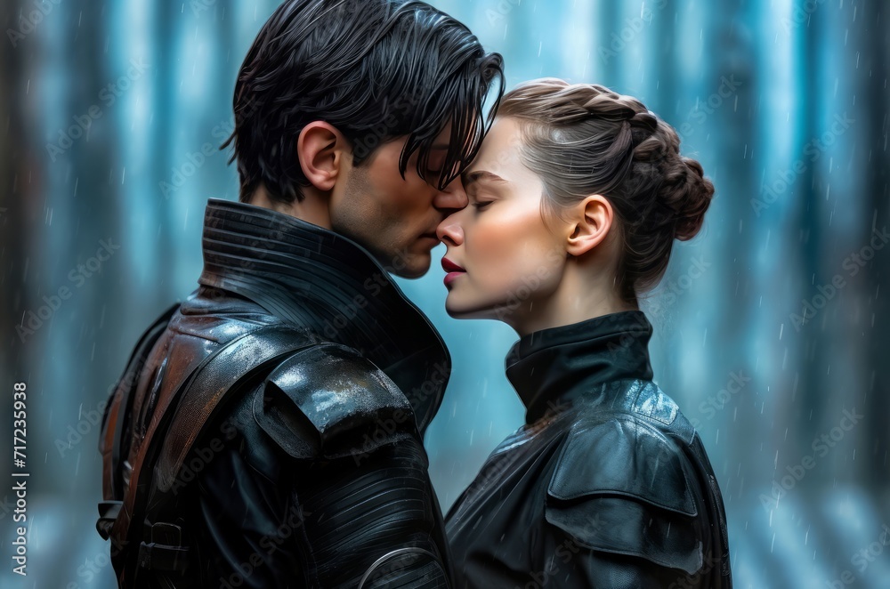 Couple man and woman kissing in adventure film. Last meeting before the final. Generate Ai Couple man and woman kissing in adventure film. Last meeting before the final. Generate Ai