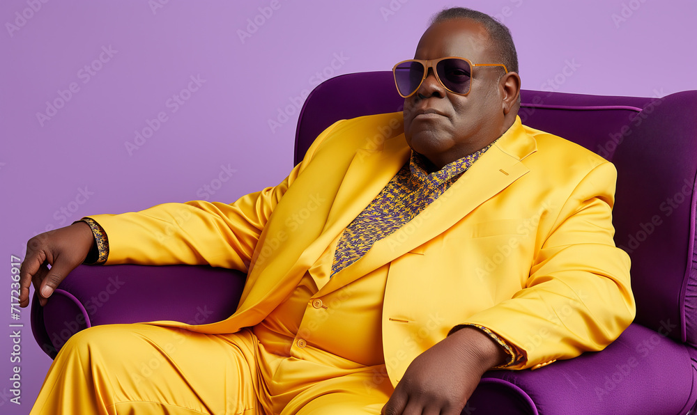 Man in Elegant Yellow Suit with Patterned Tie, Luxurious Purple Setting Man in Elegant Yellow Suit with Patterned Tie, Luxurious Purple Setting
