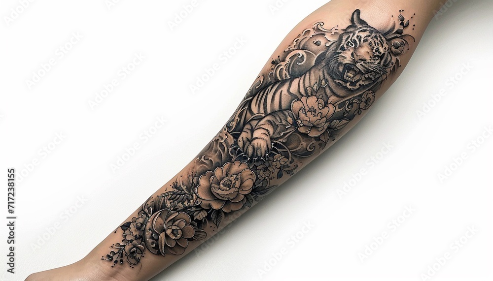 a forearm selve tattoo design, detailed, layered, black and gray, Japanese tattoo style, of a beautiful woman a tiger and fish,generative ai