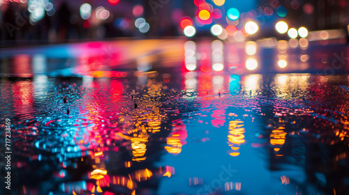 Puddles reflecting city lights during a nighttime rain shower