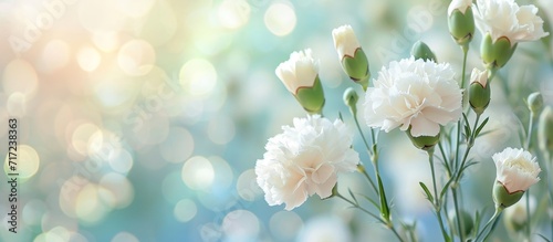 Spring nature with blurred background showcasing a blooming white carnation.
