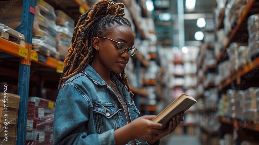 African American worker working in warehouse. Industrial and industrial workers concept. worker woman order details and checking goods and Supplies,generative ai