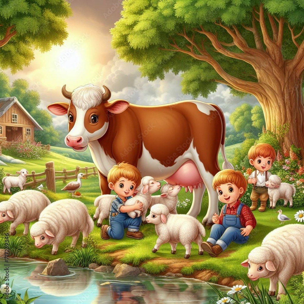 Fototapeta premium A cow is nursing her calf, with a young lamb beside them suckling from the cow, and a young child on a farm with long green grass, trees, water, and young school students beside them.