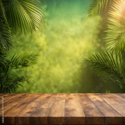 Wooden tabletop at tropical paper texture wall,template mock up for display of product,business presentation.
