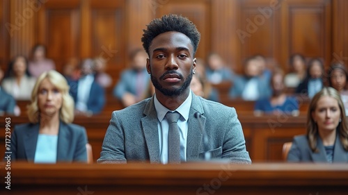Male Public Defender Presenting Case, Making Passionate Speech to Judge, Jury. African American Attorney Lawyer Protecting Client's Innocents with Supporting Argument, generative ai
