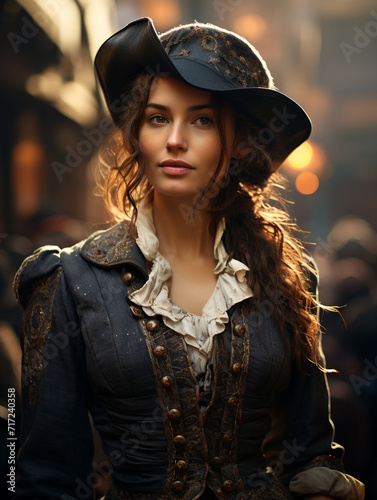 Fotótapéta Female pirate ancient times, sea, ocean, ship, hat, saber, woman girl lady beautiful pretty cute dressed elegance, old time, maritime robbery