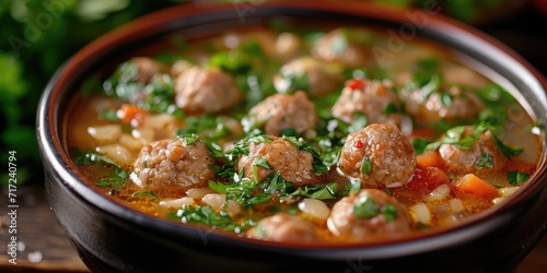 Bulgarian Meatball Soup Charm. A Culinary Symphony of Hearty Goodness Captured in a Visual Feast. Dive into the Bulgarian Culinary Harmony in a Bustling Balkan Market with Soft Lighting
