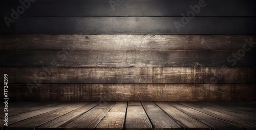 Old wood table with wooden panel wall in dark wood room background for product display photo
