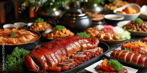 Roast Goose Extravaganza: Culinary Opulence Unveiled. A Symphony of Crispy Skin and Succulent Meat Captured. Immerse in the Culinary Opulence in a Festive Hong Kong Banquet with Soft Lighting