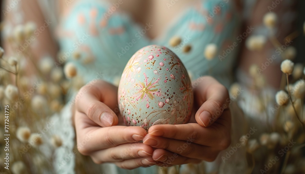Patterned Easter egg in women's hands, generative ai Patterned Easter egg in women's hands, generative ai
