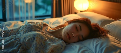 Asian girl peacefully sleeping in resort hotel bedroom photo