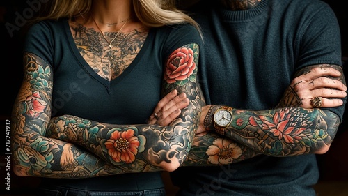 people with tattoos Both arms area on a Dark background, generative ai