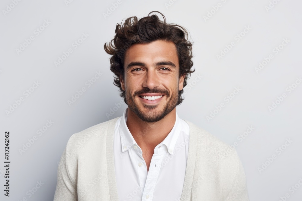 Portrait of handsome young man smiling and looking at camera while standing against grey background Portrait of handsome young man smiling and looking at camera while standing against grey background