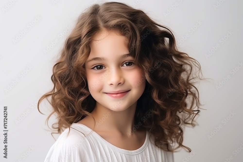 portrait of a little girl with long curly hair on a gray background portrait of a little girl with long curly hair on a gray background
