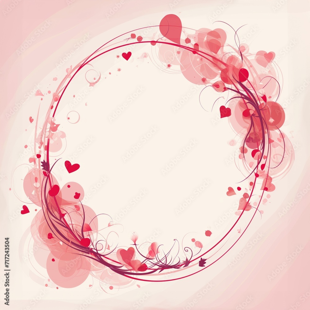 A valentine's day greeting card featuring abstract circular frame with swirling red vines and hearts on a pink gradient background A valentine's day greeting card featuring abstract circular frame with swirling red vines and hearts on a pink gradient background